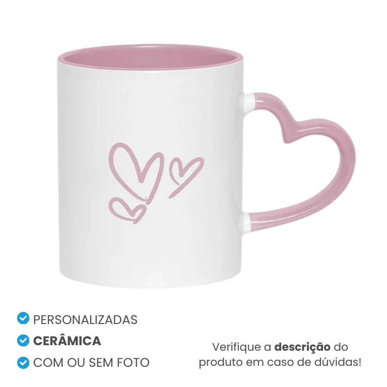 Caneca de Cerâmica Alça Coração Rosa Personalizada
