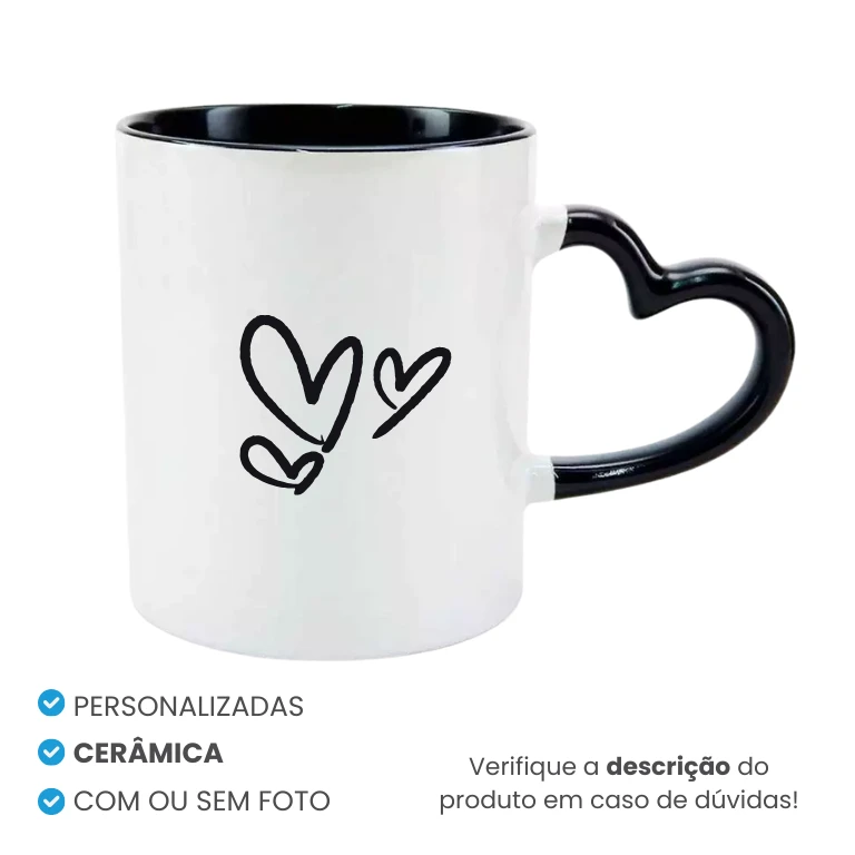 Caneca de Cerâmica Alça Coração Preta Personalizada