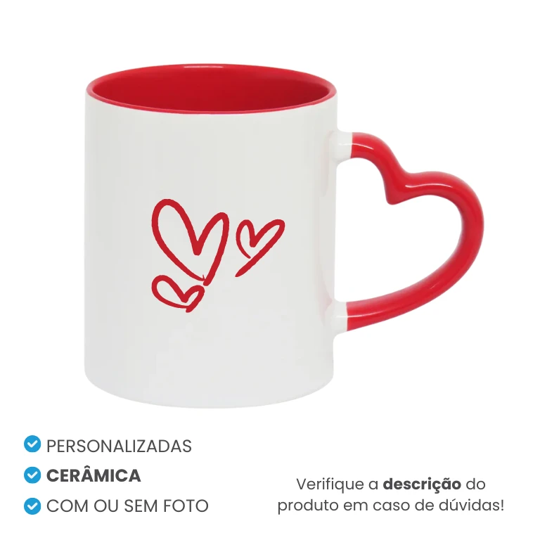 Caneca de Cerâmica Alça Coração Vermelha Personalizada