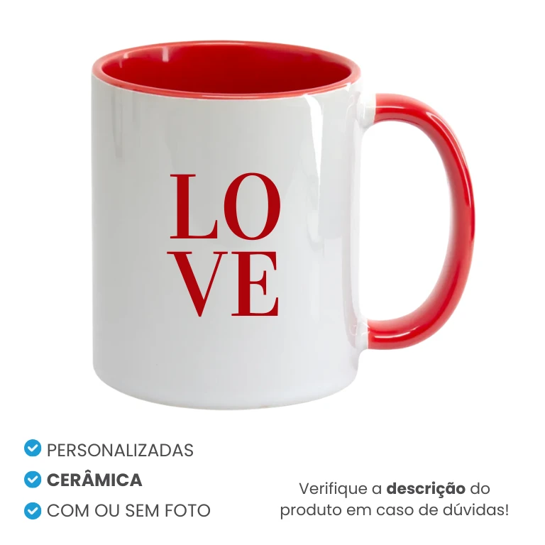 Caneca de Cerâmica Alça e Interior Vermelho Personalizada