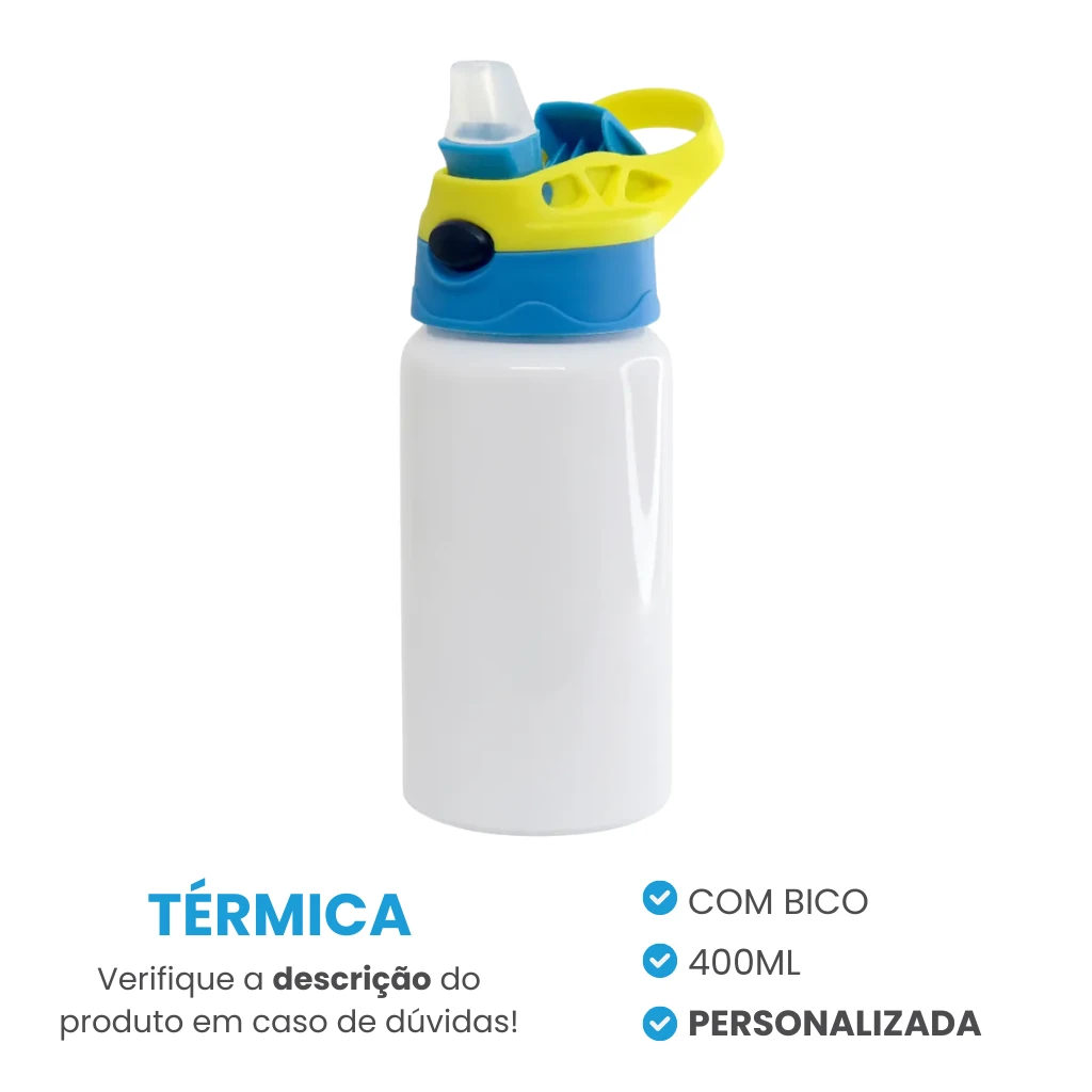 Garrafa Térmica Infantil c/ Bico Amarela e Azul 400ml Personalizada