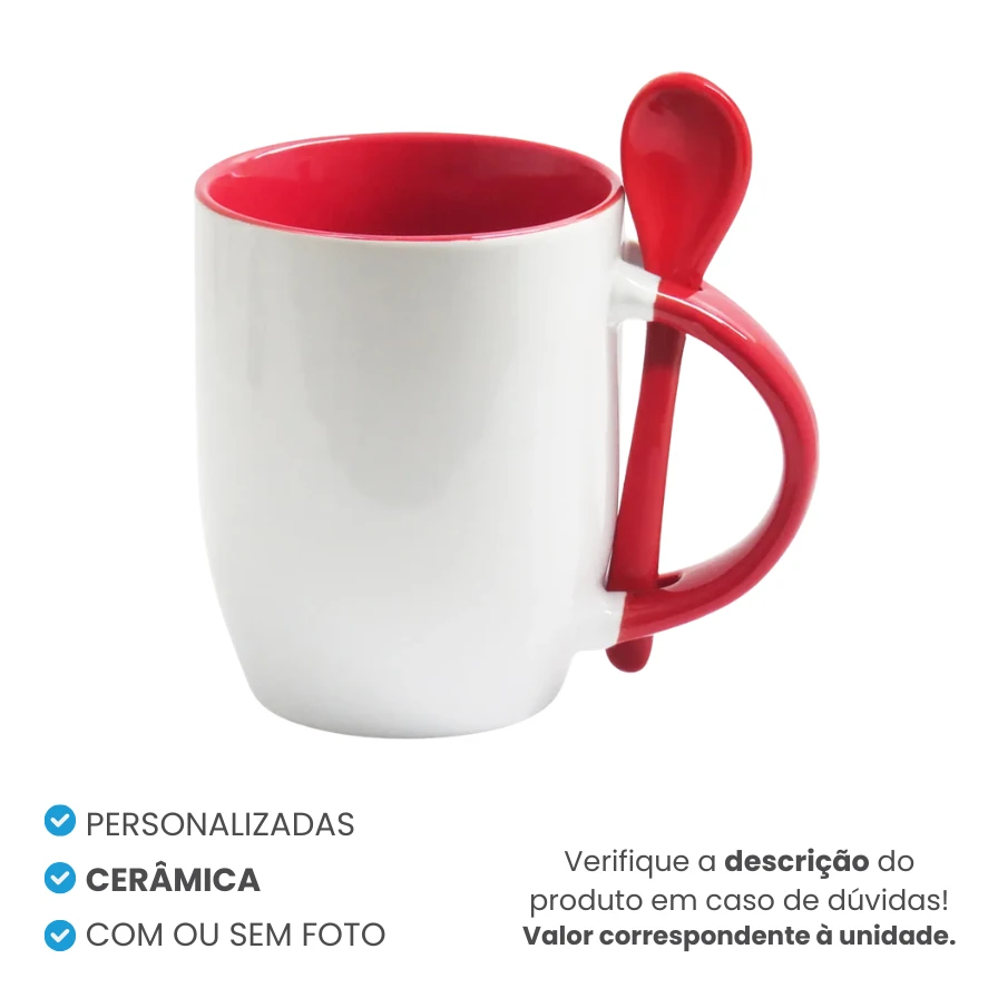 Caneca de Cerâmica c/ Colher e Alça/Interior Colorido Vermelha Personalizada
