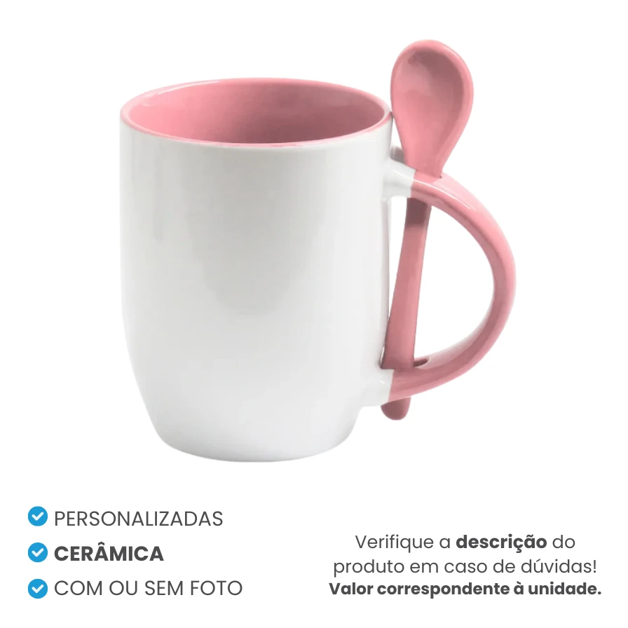 Caneca de Cerâmica c/ Colher e Alça/Interior Colorido Rosa Personalizada