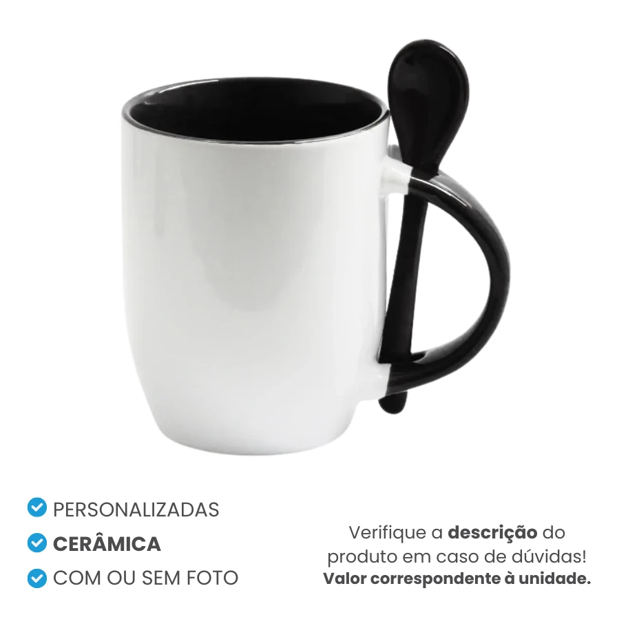 Caneca de Cerâmica c/ Colher e Alça/Interior Colorido Preta Personalizada