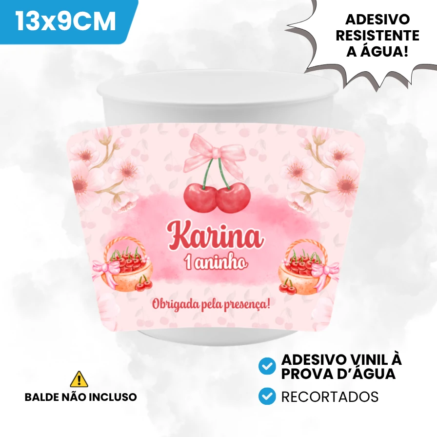 Adesivo Vinil 13x9cm para Baldinho de Pipoca Tema Cerejinha