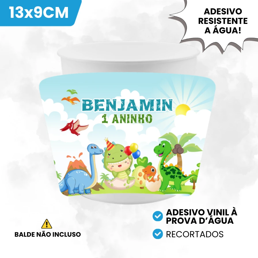 Adesivo Vinil 13x9cm para Baldinho de Pipoca Tema Dinossauro Baby