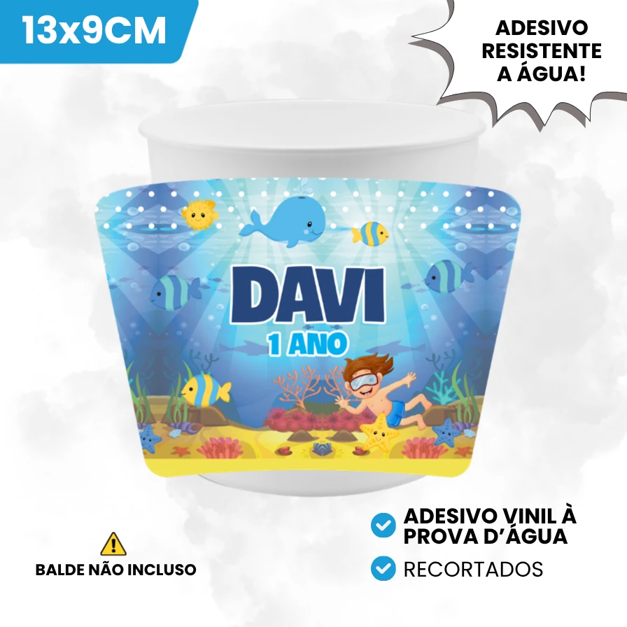 Adesivo Vinil 13x9cm para Baldinho de Pipoca Tema Fundo do Mar