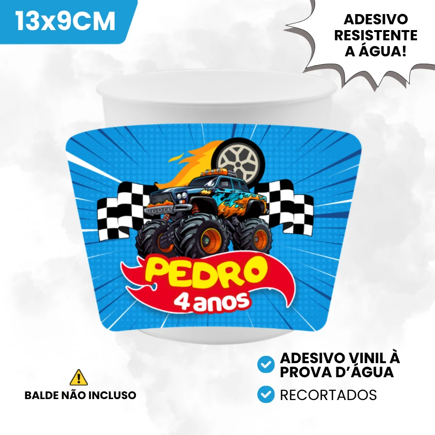 Adesivo Vinil 13x9cm para Baldinho de Pipoca Tema Monster Truck