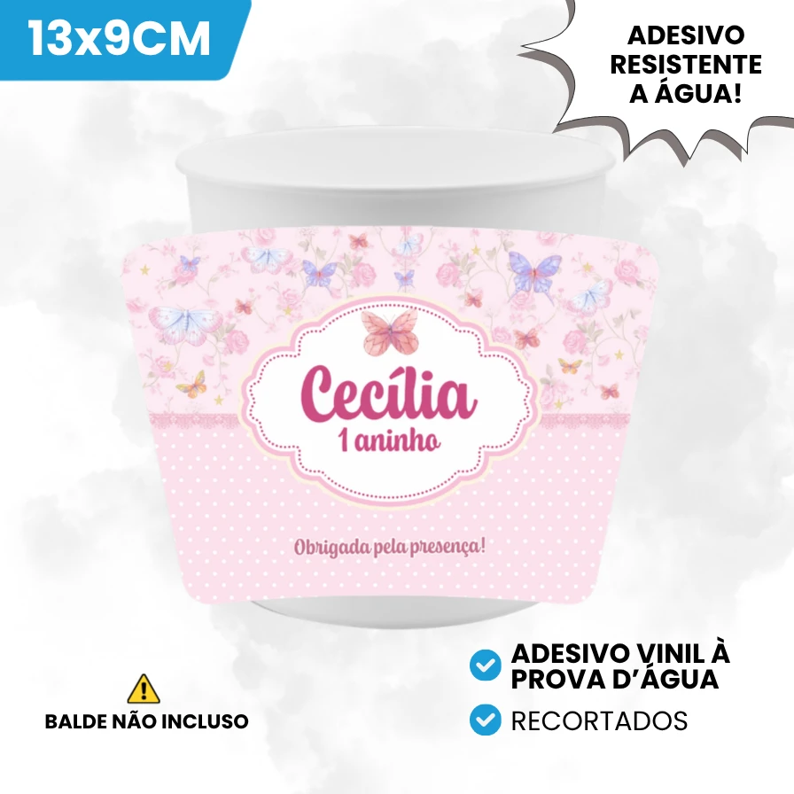Adesivo Vinil 13x9cm para Baldinho de Pipoca Tema Jardim Borboletas