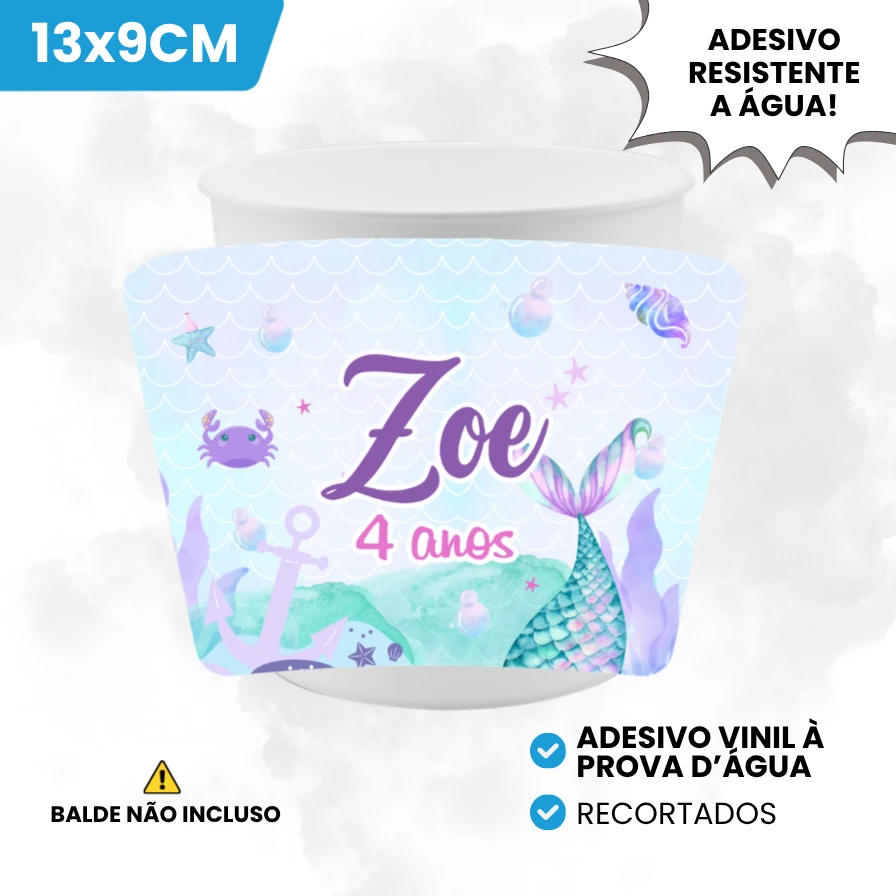 Adesivo Vinil 13x9cm para Baldinho de Pipoca Tema Sereia