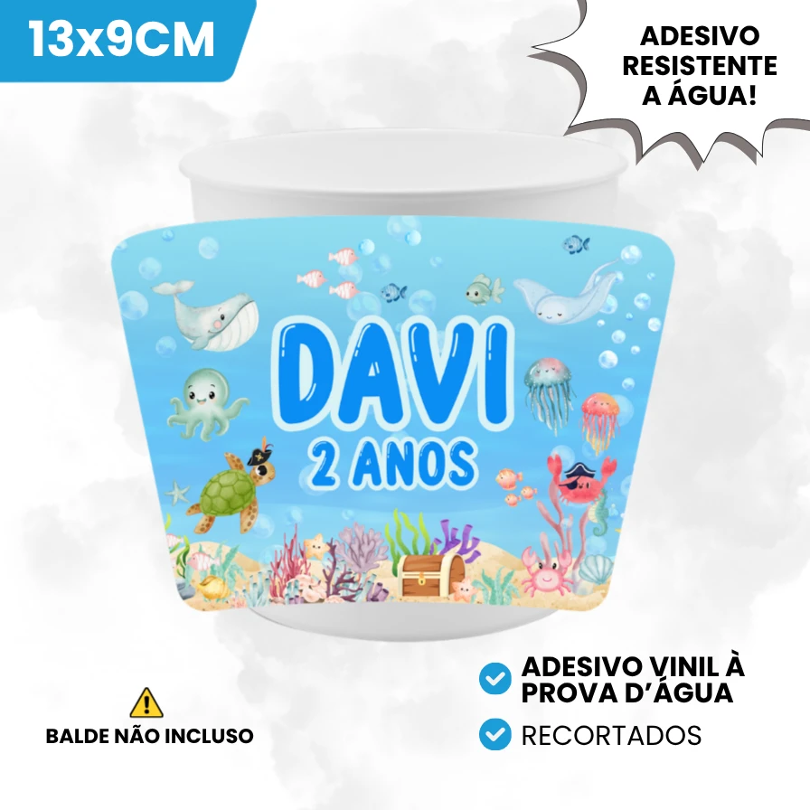 Adesivo Vinil 13x9cm para Baldinho de Pipoca Tema Fundo do Mar