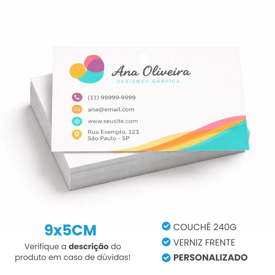 Cartão de Visita 9x5cm em Couchê 250g com Impressão Colorida Frente e Verniz Brilho