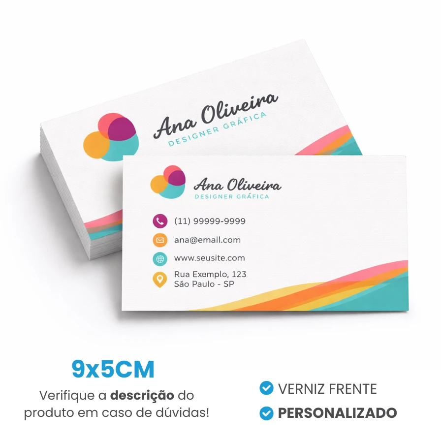Cartão de Visita 9x5cm em Couchê 250g com Impressão Colorida Frente e Verso c/ Verniz Brilho