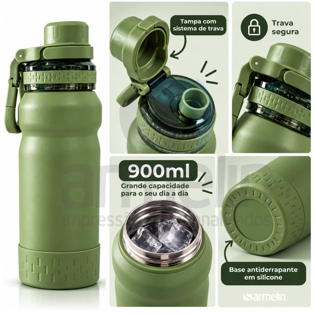 Garrafa Térmica Verde Militar 900ml com Gravação à Laser   