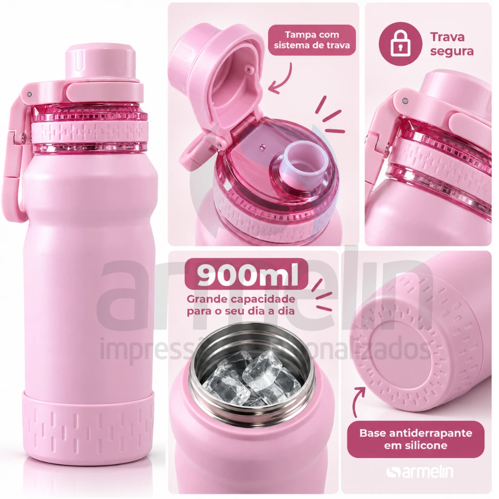 Garrafa Térmica Rosa 900ml com Gravação à Laser