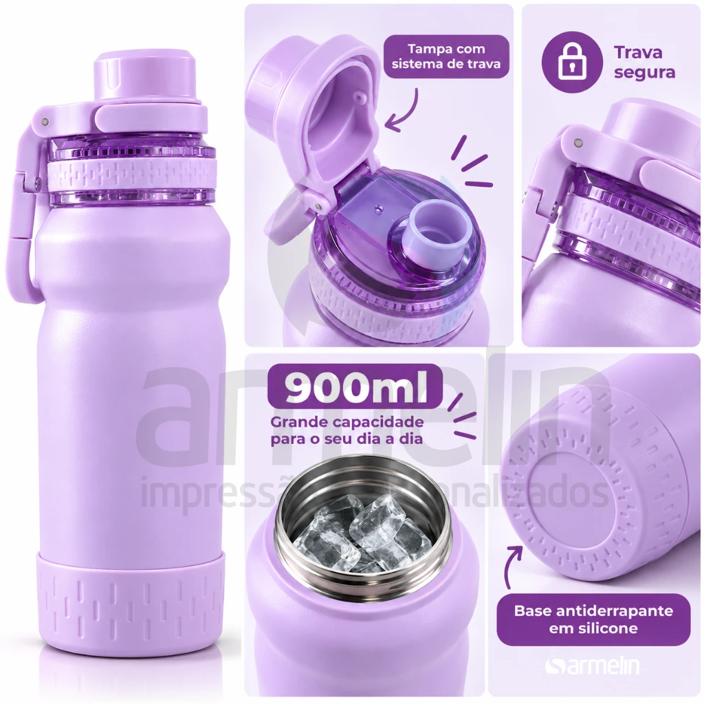 Garrafa Térmica Lilás 900ml com Gravação à Laser 