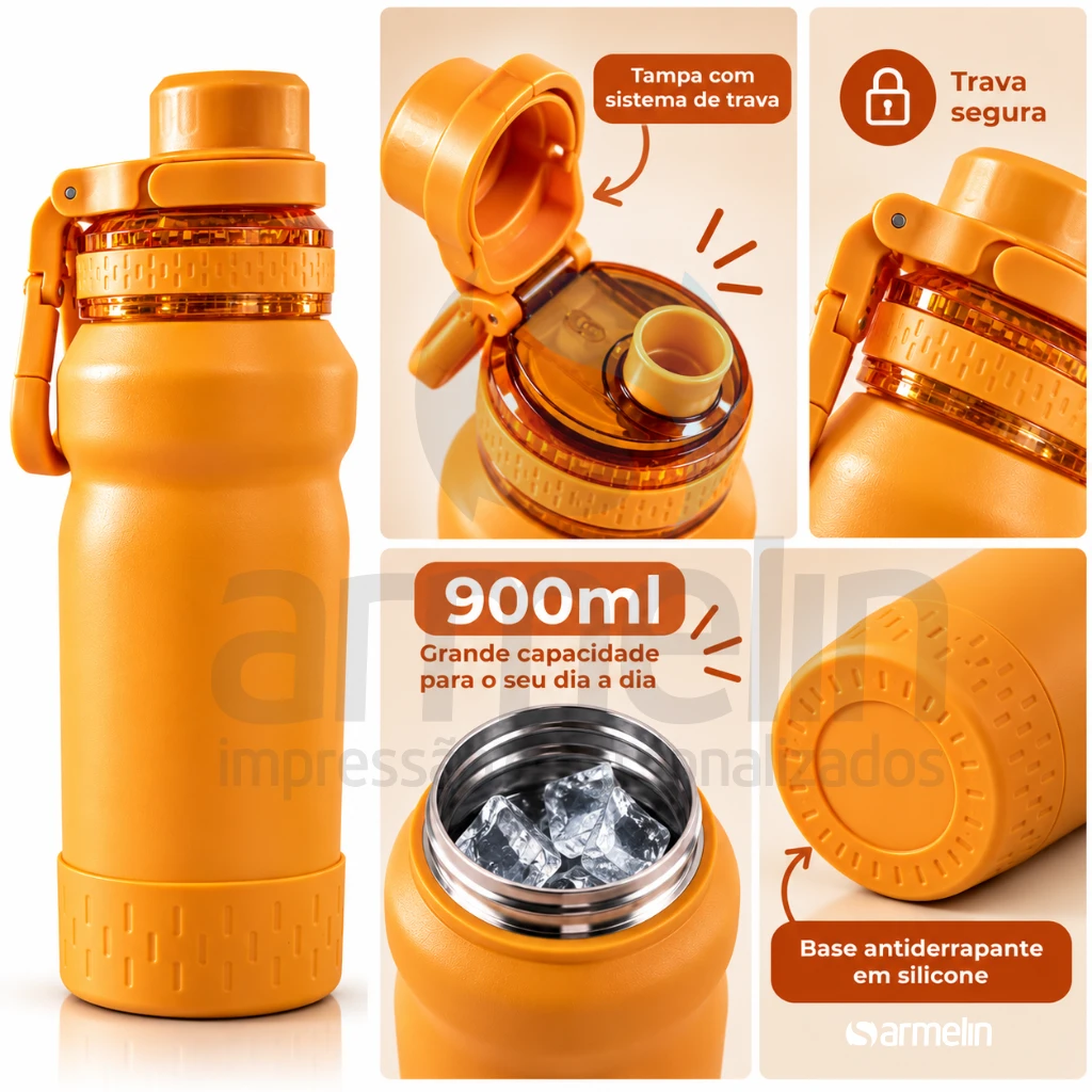 Garrafa Térmica Laranja 900ml com Gravação à Laser 