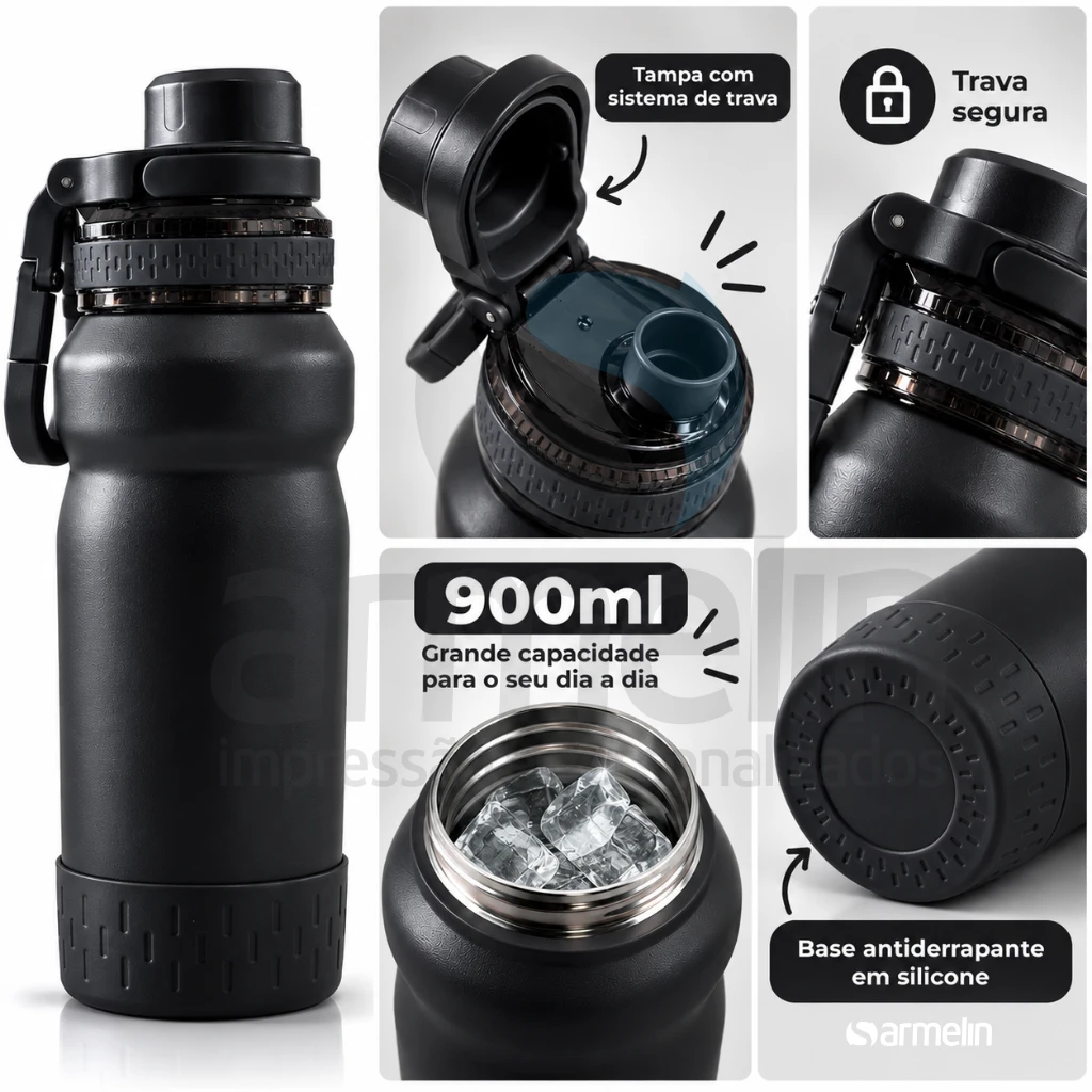 Garrafa Térmica Preta 900ml com Gravação à Laser  
