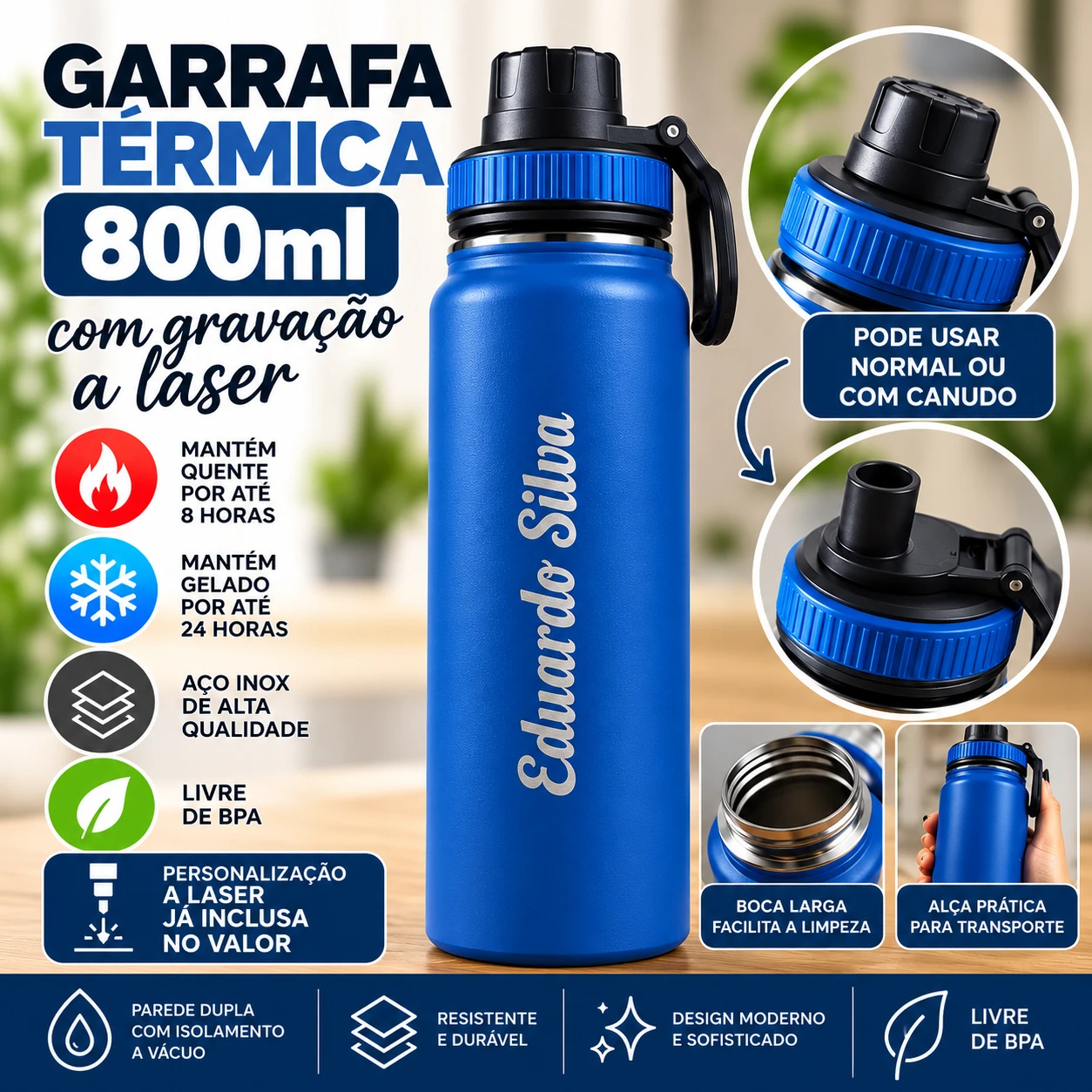 Garrafa Térmica Azul Escuro 800ml com Gravação à Laser