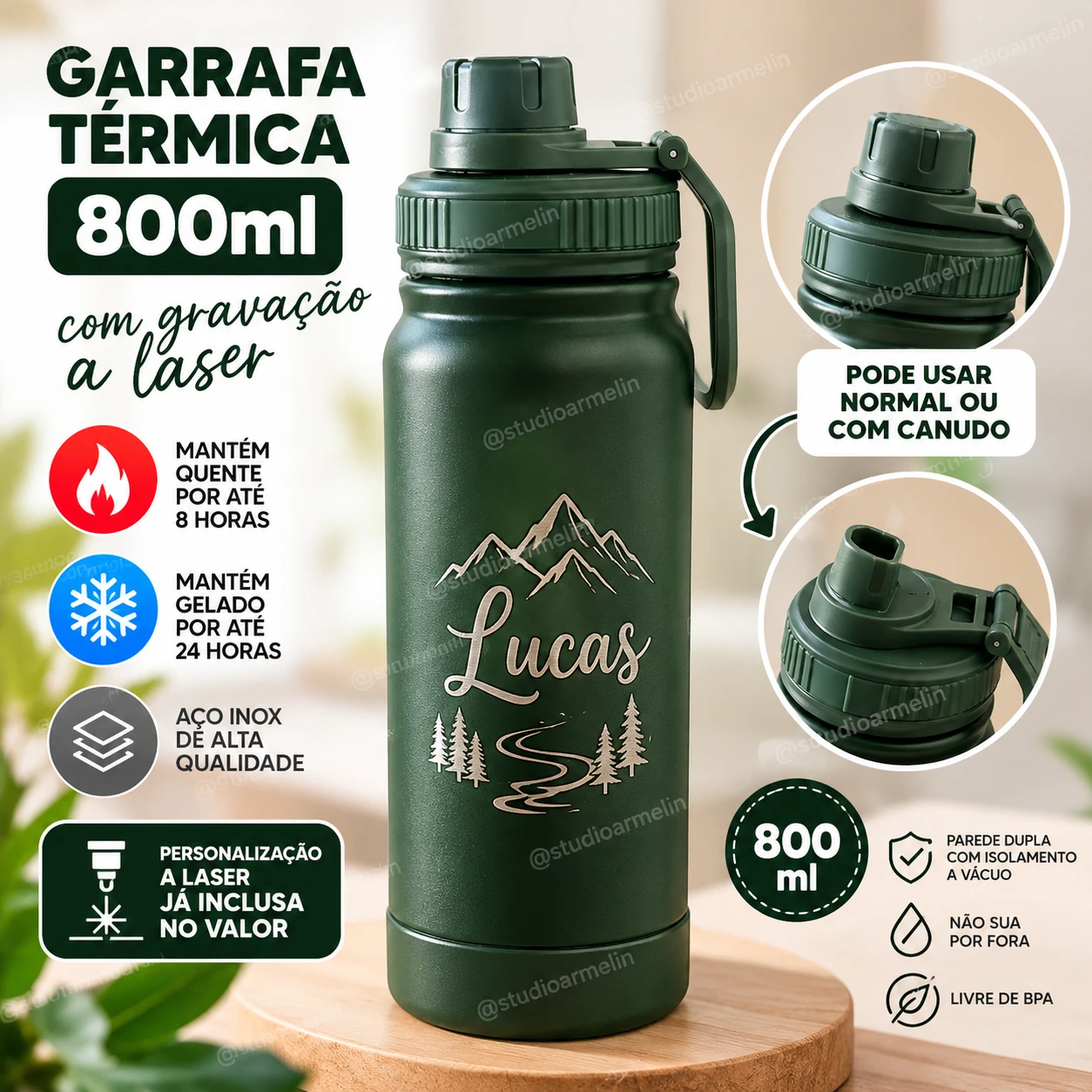 Garrafa Térmica Verde Militar 800ml com Gravação à Laser  