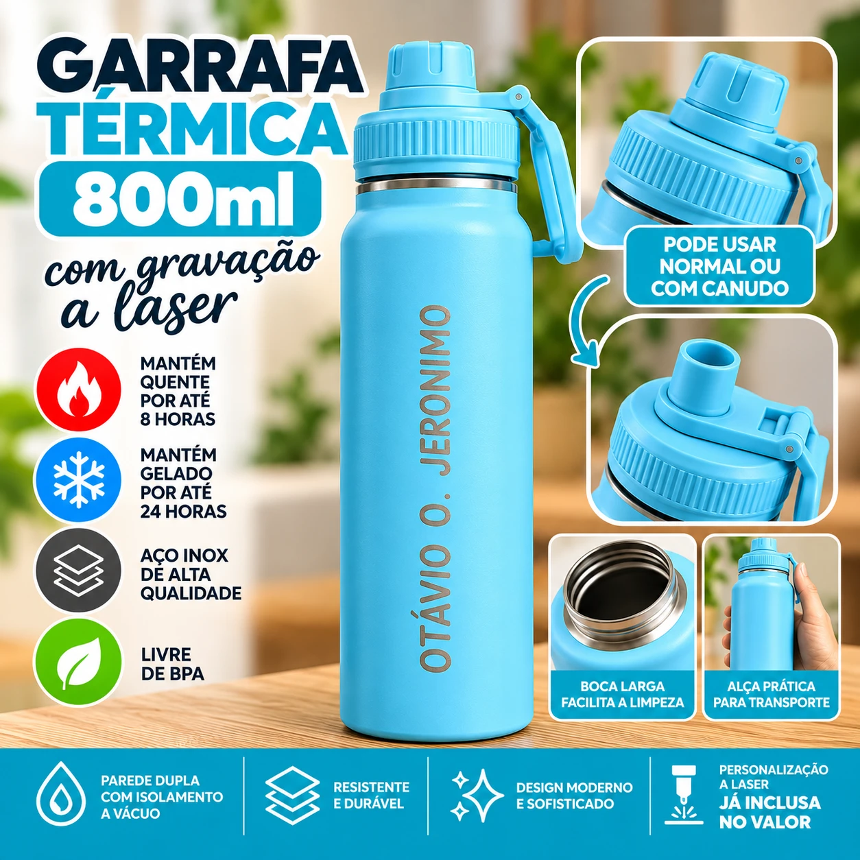 Garrafa Térmica Azul BB 800ml com Gravação à Laser 