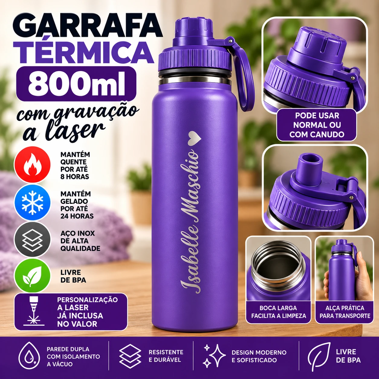 Garrafa Térmica Roxa 800ml com Gravação à Laser 