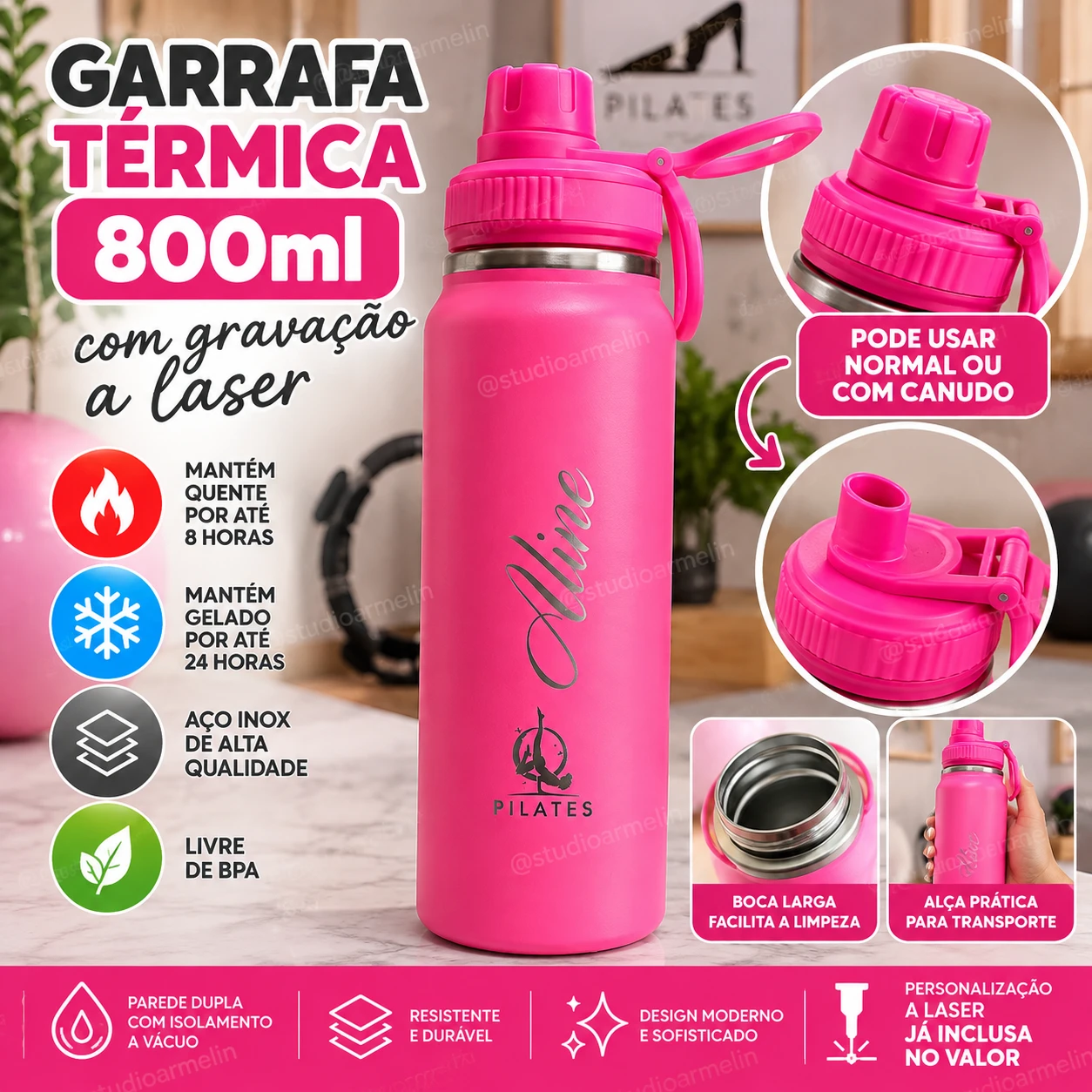 Garrafa Térmica Pink 800ml com Gravação à Laser