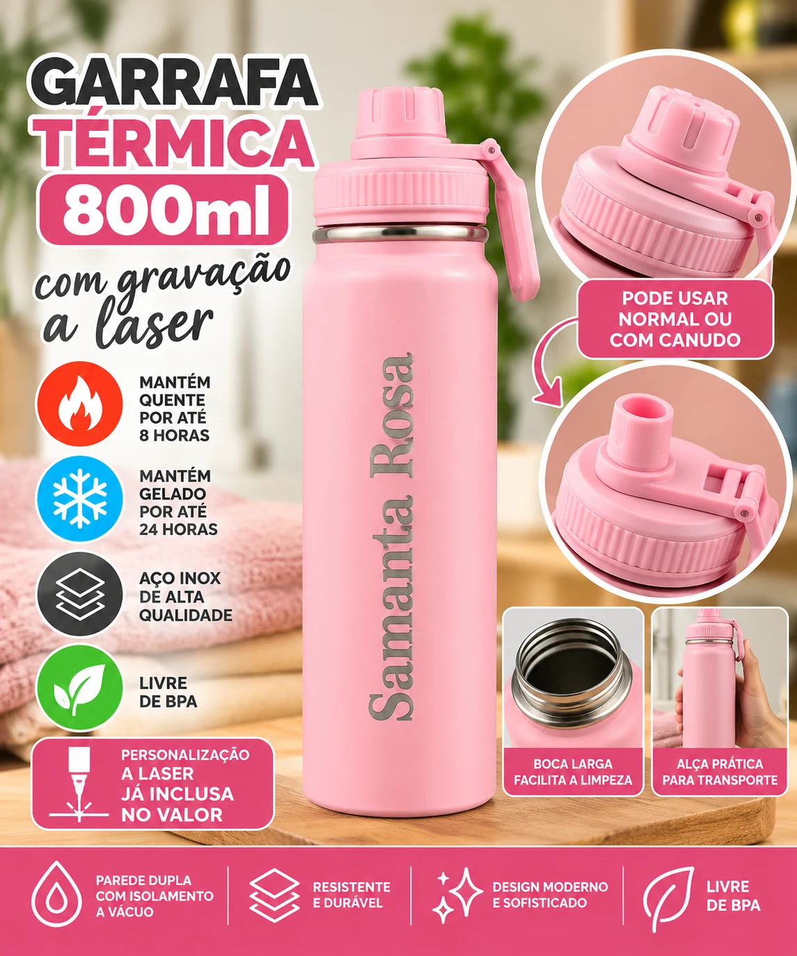 Garrafa Térmica Rosa 800ml com Gravação à Laser 