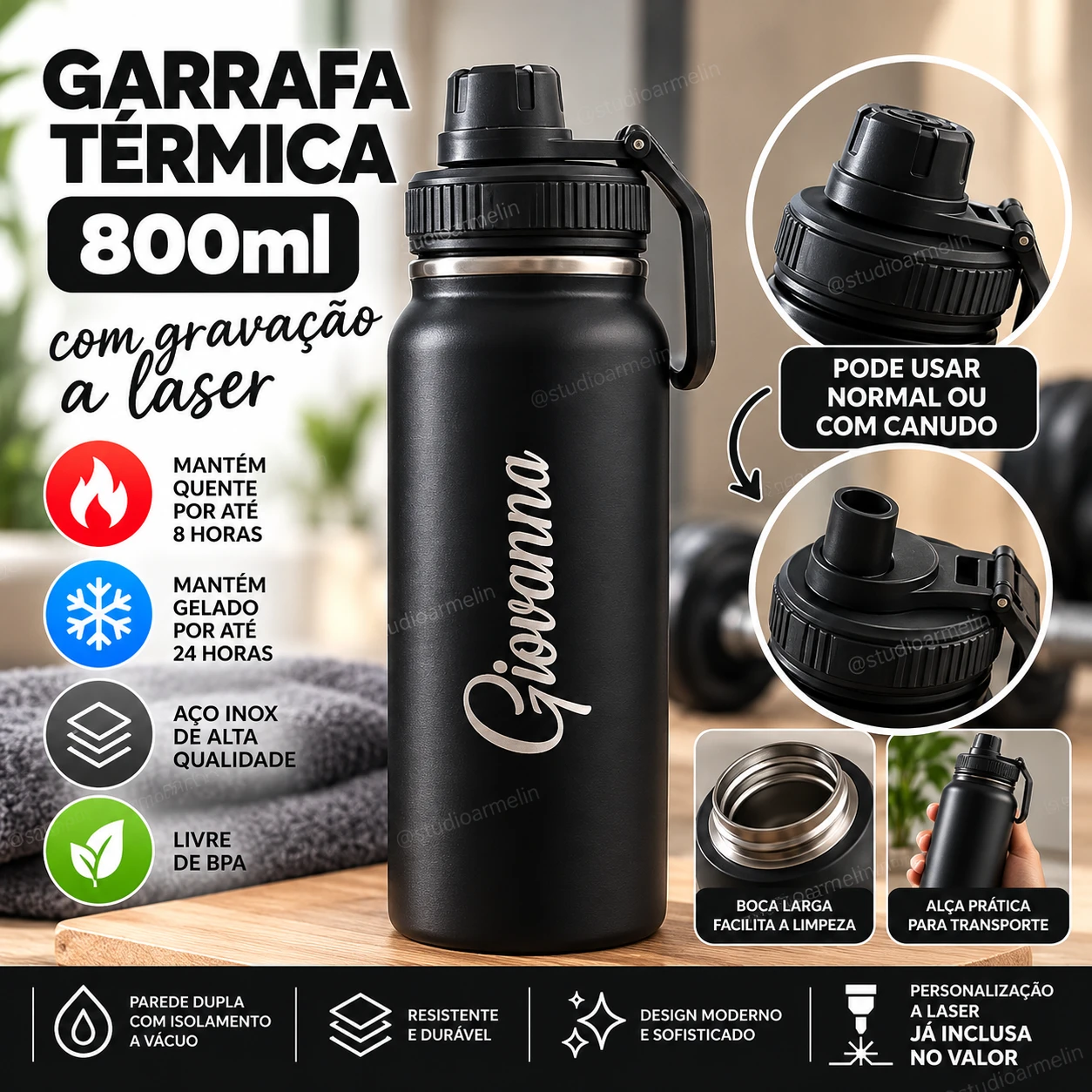 Garrafa Térmica Preta 800ml com Gravação à Laser